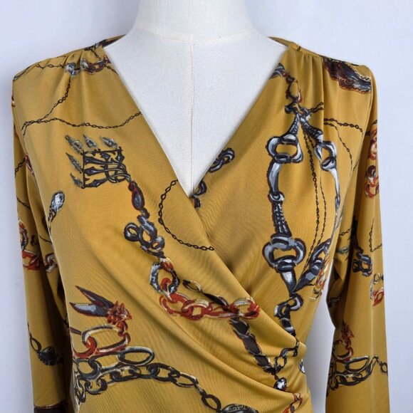 Carmen Marc Valvo Top Size Large Equestrian Chain Print Faux Wrap Yellow Knit - Picture 2 of 8